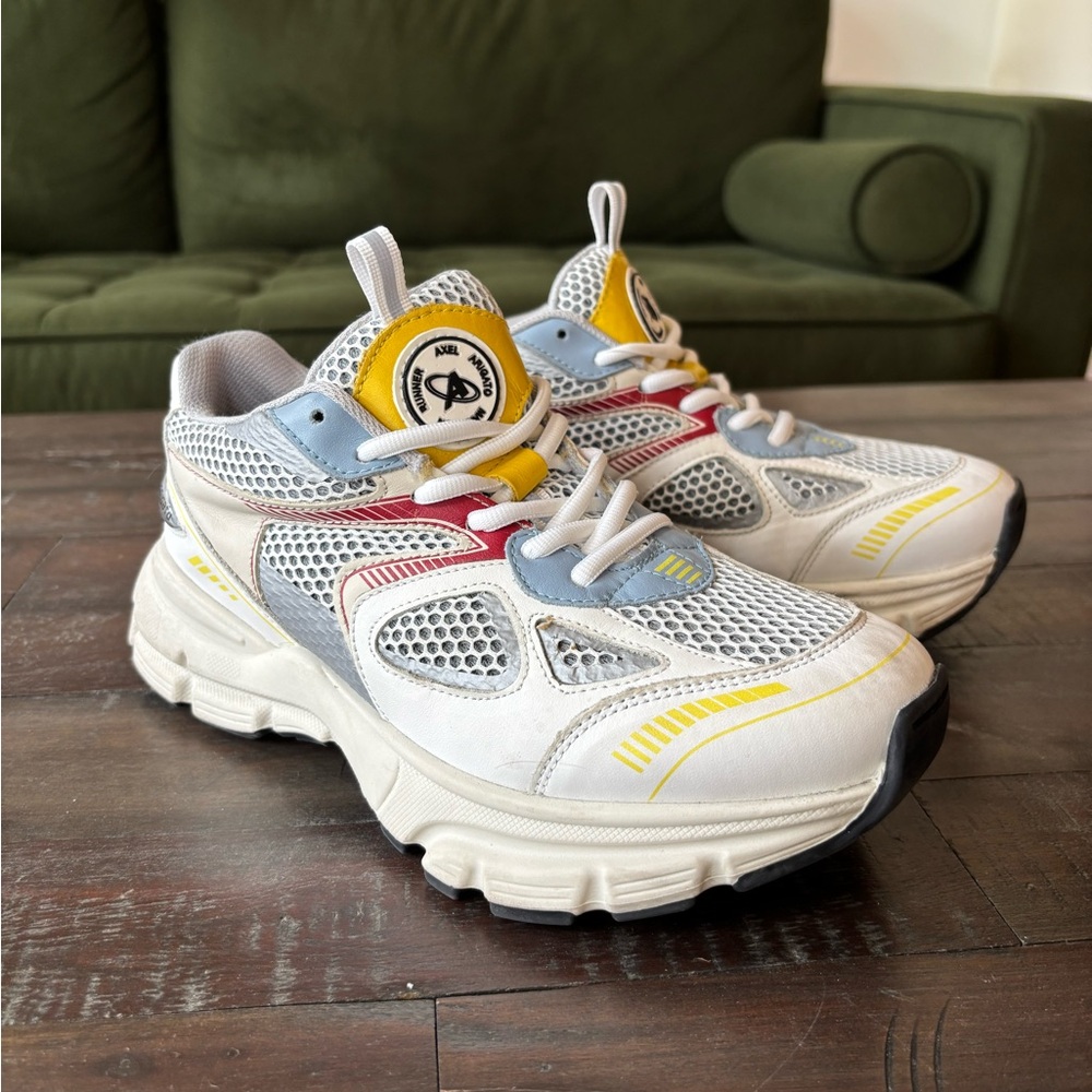 Axel Arigato Marathon Runner White Sneakers with Blue, Red, and Yellow Accents